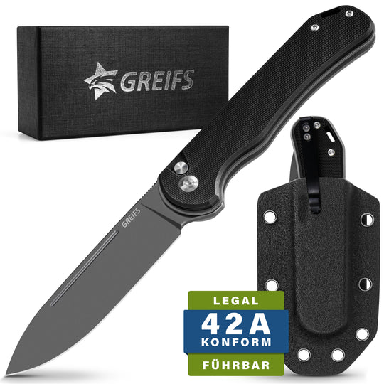 Klappmesser Paxos (Zweihandmesser) aus D2 Stahl mit Buttonlock und Kydexscheide