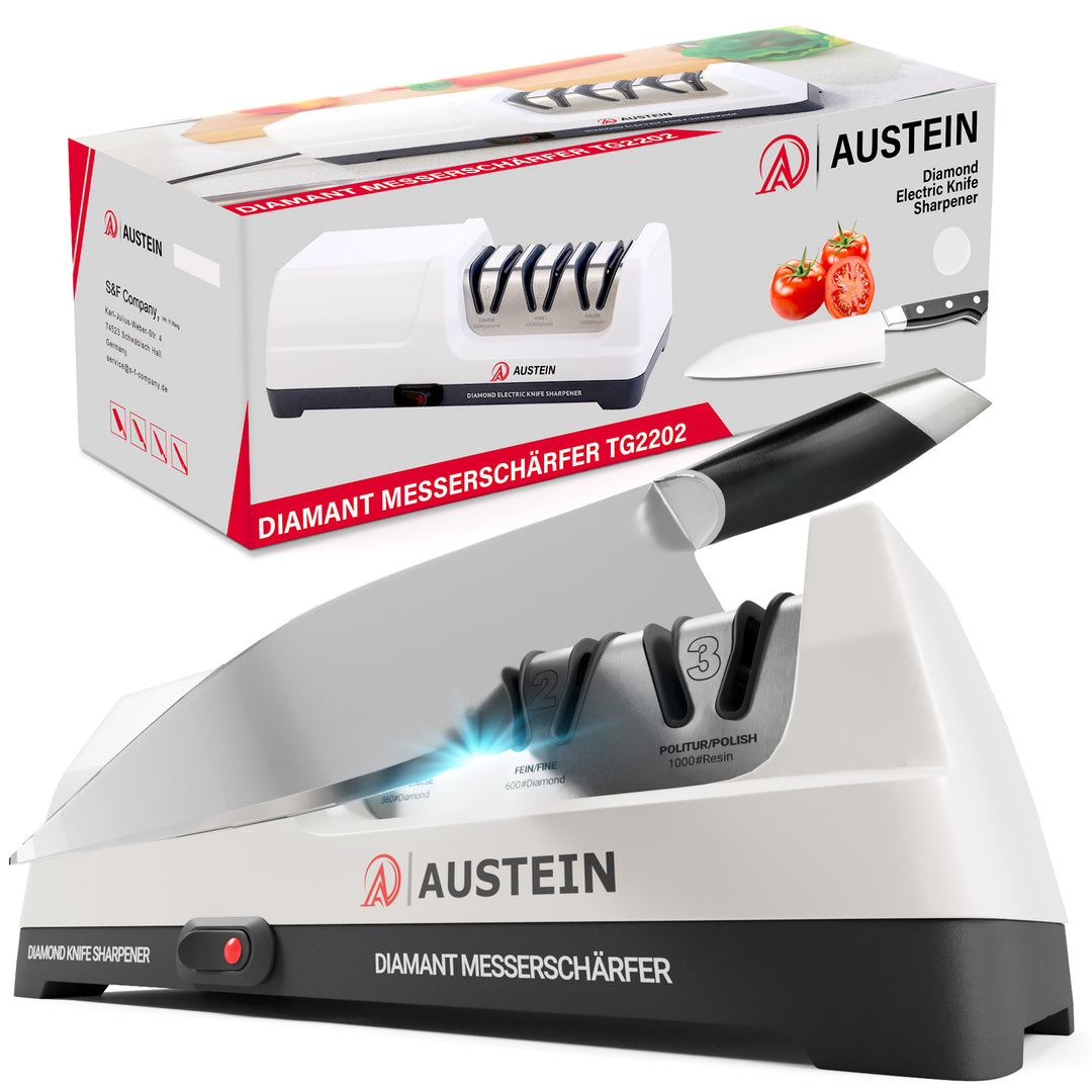 AUSTEIN® Diamant Messerschärfer elektrisch TG2202 (B-Ware oder Retoure) - Der 3 Phasen Messerschleifer mit 20 Grad und magnetischem Spänekollektor
