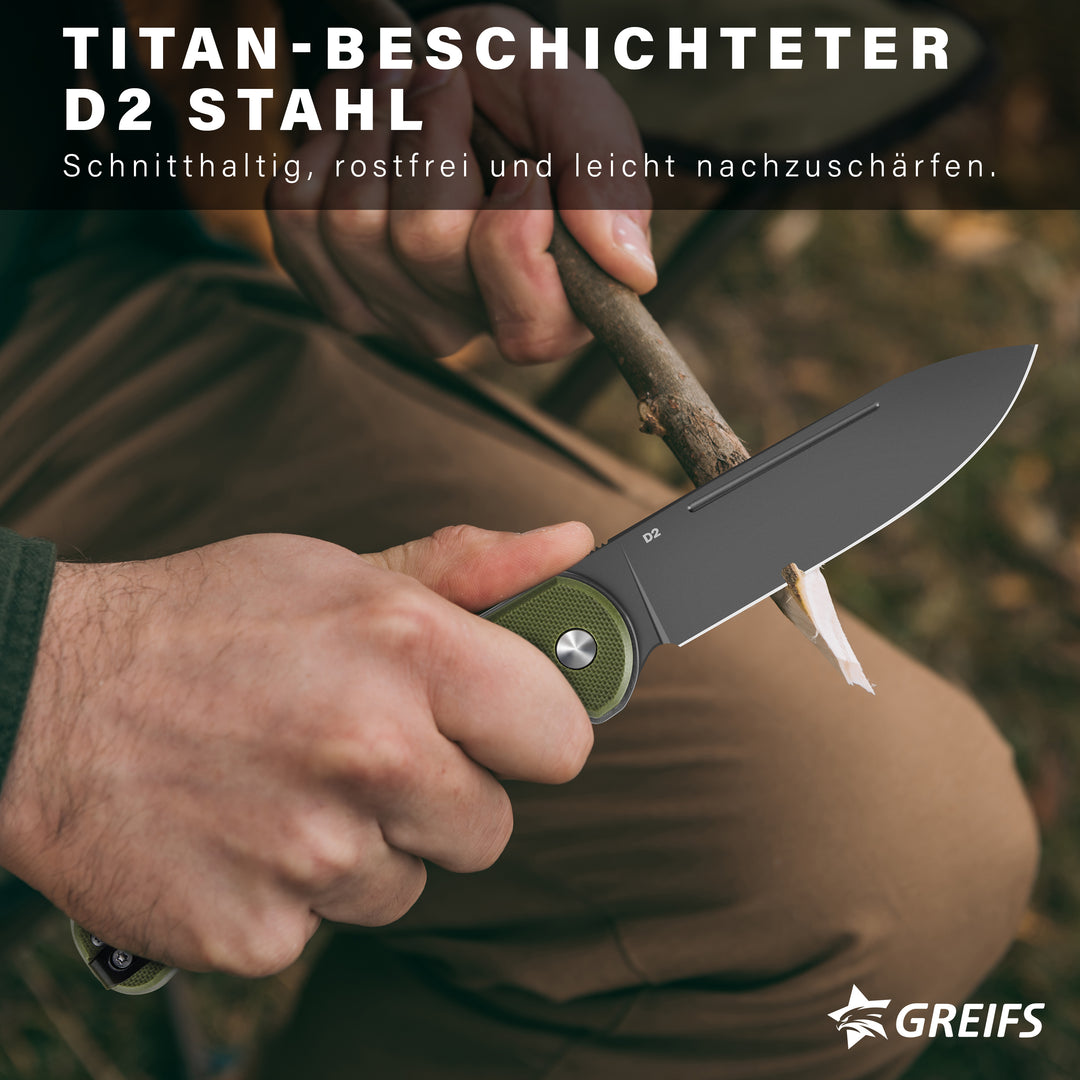 Klappmesser Paxos (Zweihandmesser) aus D2 Stahl mit Buttonlock und Kydexscheide