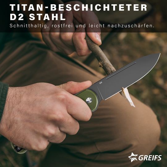 Klappmesser Paxos (Zweihandmesser) aus D2 Stahl mit Buttonlock und Kydexscheide