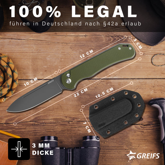 Klappmesser Paxos (Zweihandmesser) aus D2 Stahl mit Buttonlock und Kydexscheide