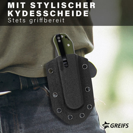 Klappmesser Paxos (Zweihandmesser) aus D2 Stahl mit Buttonlock und Kydexscheide