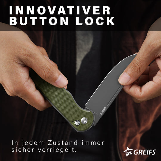 Klappmesser Paxos (Zweihandmesser) aus D2 Stahl mit Buttonlock und Kydexscheide