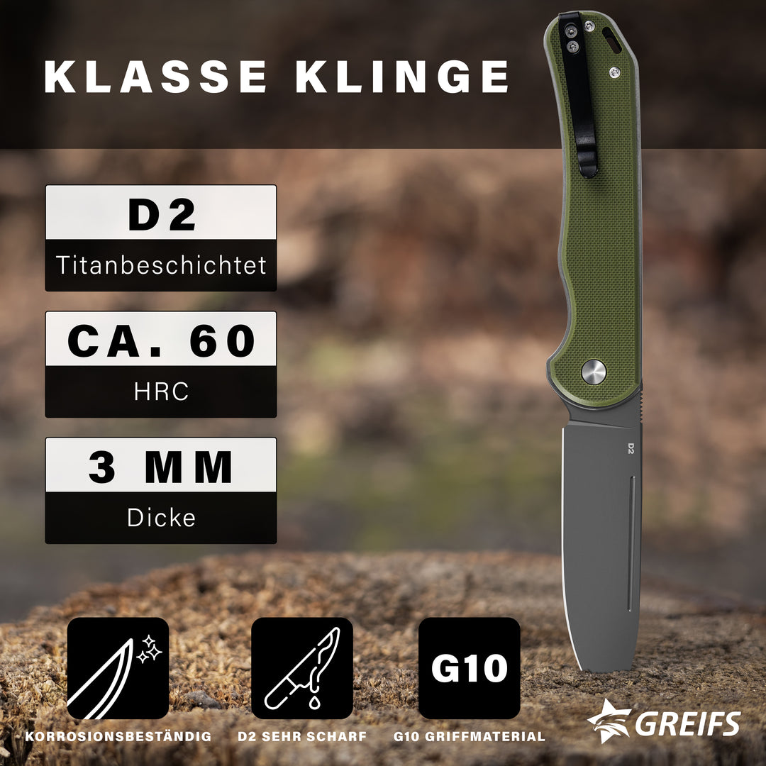 Klappmesser Paxos (Zweihandmesser) aus D2 Stahl mit Buttonlock und Kydexscheide