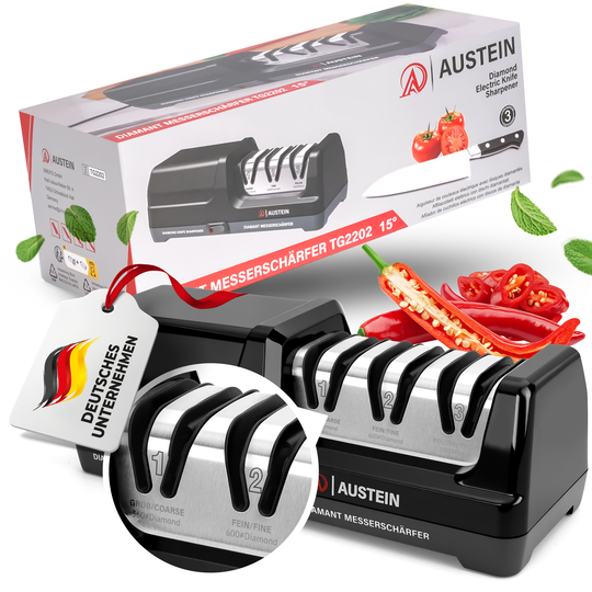 AUSTEIN® Diamant-Messerschärfer TG2202 Elektrischer 3 Phasen Messerschleifer mit 15 Grad und magnetischem Spänekollektor