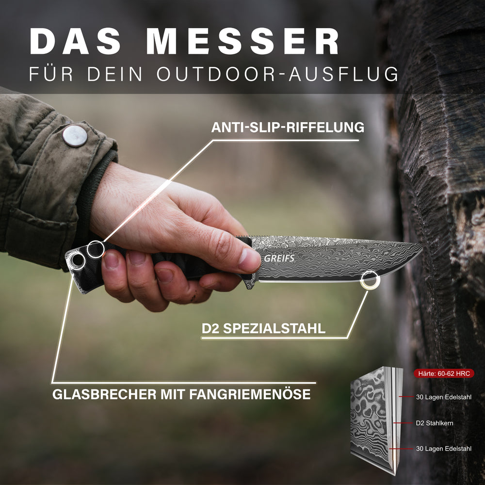 RANGER Outdoor-Messer aus Damast Stahl mit Kydex Holster