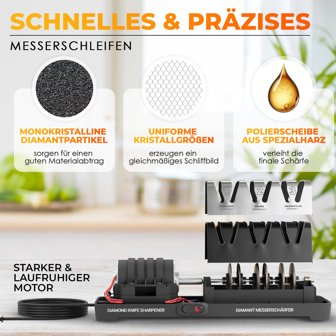 AUSTEIN® Diamant-Messerschärfer TG2202 Elektrischer 3 Phasen Messerschleifer mit 15 Grad und magnetischem Spänekollektor