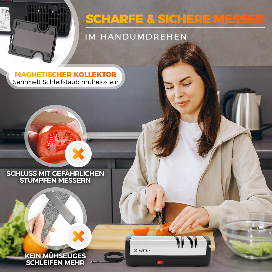 AUSTEIN® Diamant Messerschärfer elektrisch X5 - Der 3 Phasen Messerschleifer und Scherenschleifer mit magnetischem Spänekollektor