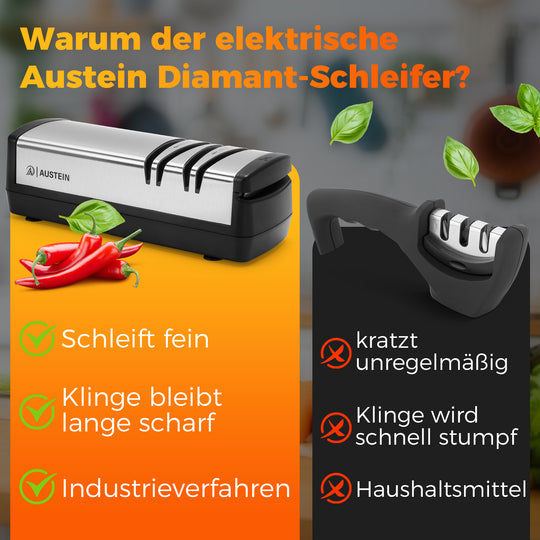 AUSTEIN® Diamant Messerschärfer elektrisch X5 - Der 3 Phasen Messerschleifer und Scherenschleifer mit magnetischem Spänekollektor