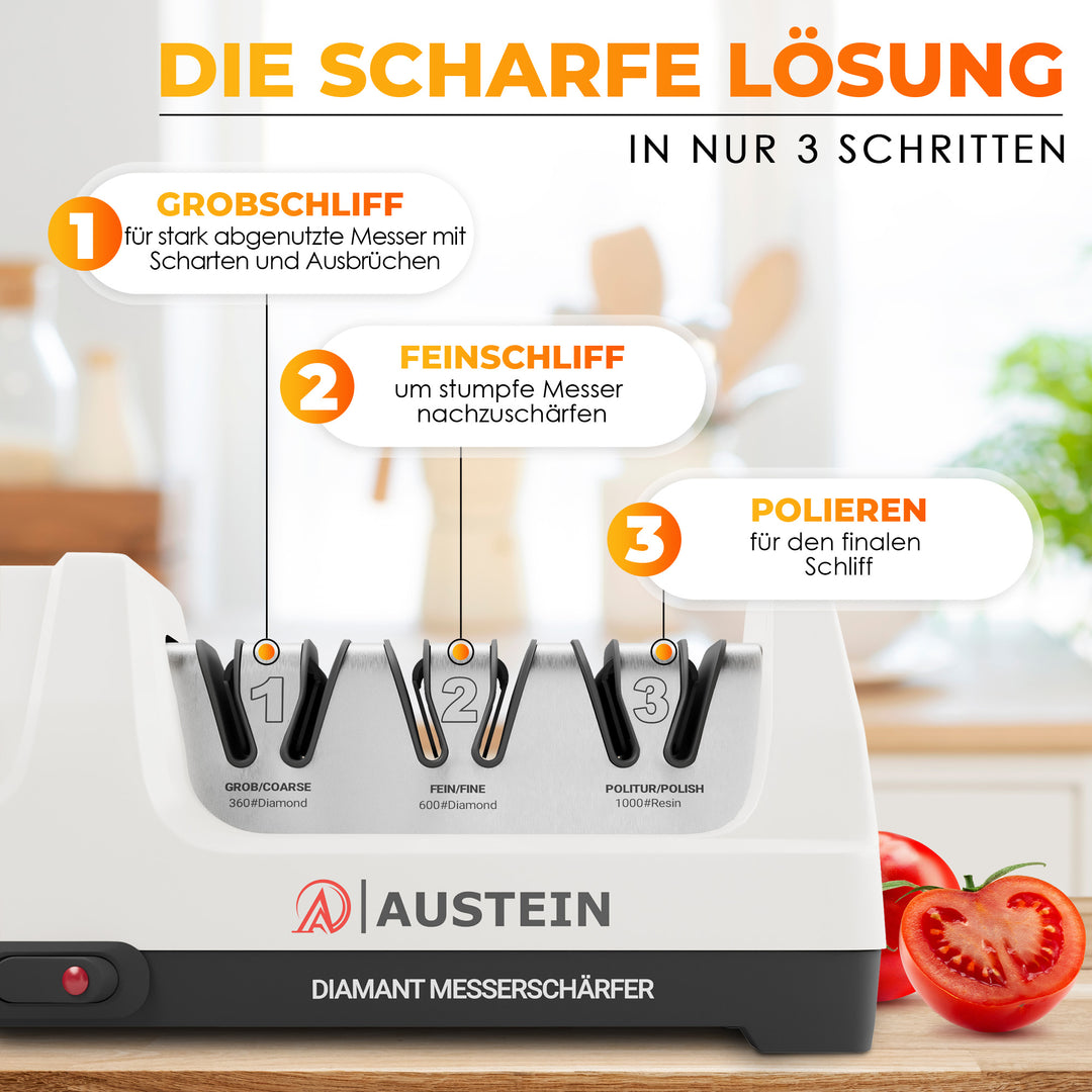 AUSTEIN® Diamant-Messerschärfer TG2202 Elektrischer 3 Phasen Messerschleifer mit 20 Grad und magnetischem Spänekollektor