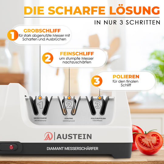AUSTEIN® Diamant-Messerschärfer TG2202 Elektrischer 3 Phasen Messerschleifer mit 20 Grad und magnetischem Spänekollektor