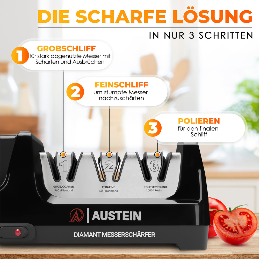 AUSTEIN® Diamant-Messerschärfer TG2202 Elektrischer 3 Phasen Messerschleifer mit 15 Grad und magnetischem Spänekollektor