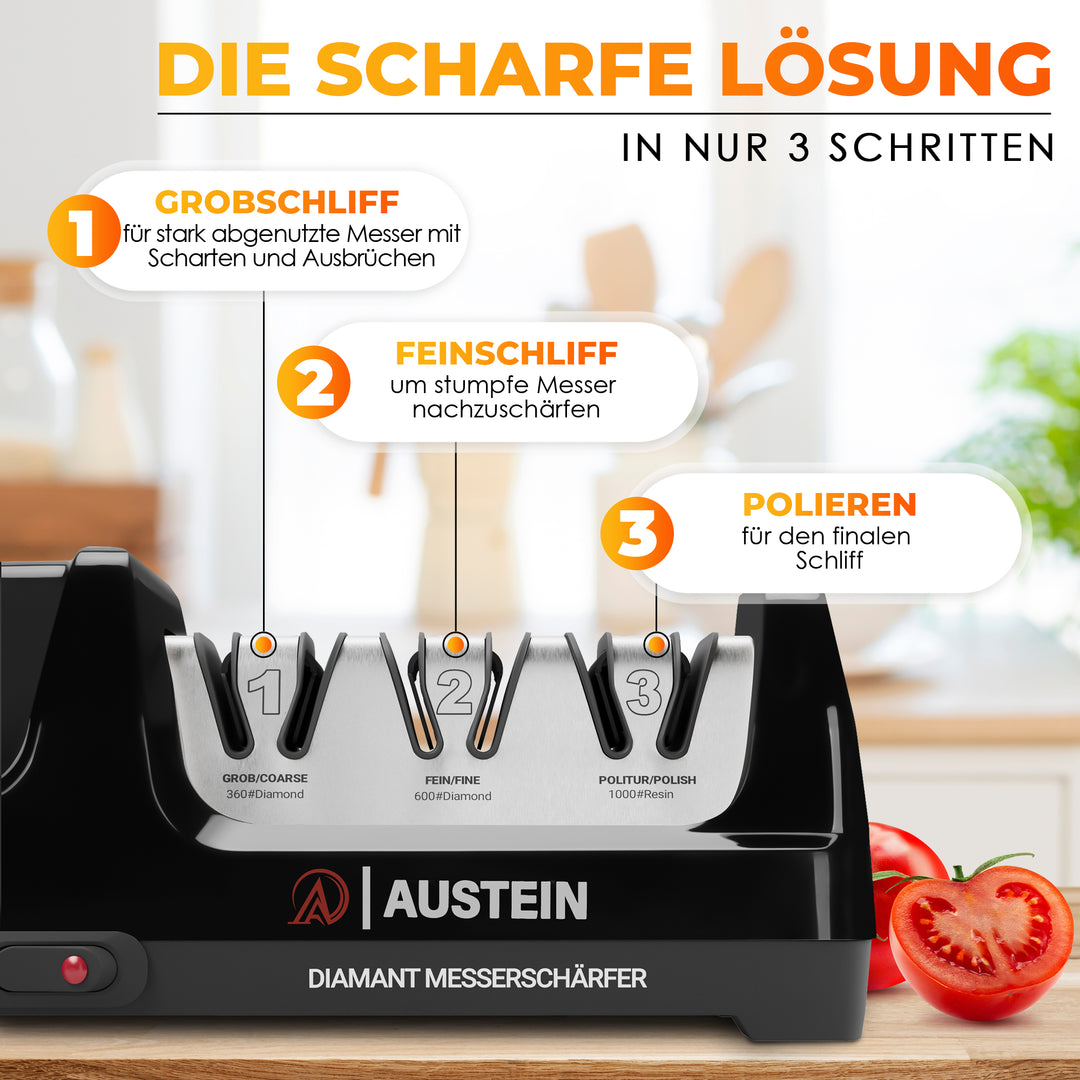 AUSTEIN® Diamant-Messerschärfer TG2202 Elektrischer 3 Phasen Messerschleifer mit 15 Grad und magnetischem Spänekollektor
