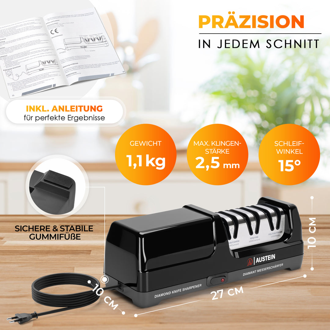 AUSTEIN® Diamant-Messerschärfer TG2202 Elektrischer 3 Phasen Messerschleifer mit 15 Grad und magnetischem Spänekollektor